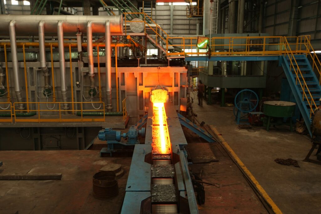 Red-hot steel on a rolling mill line