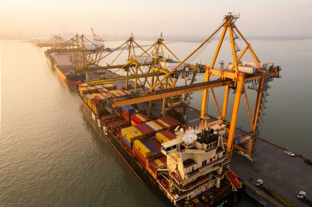 Aerial view of a cargo ship at a port