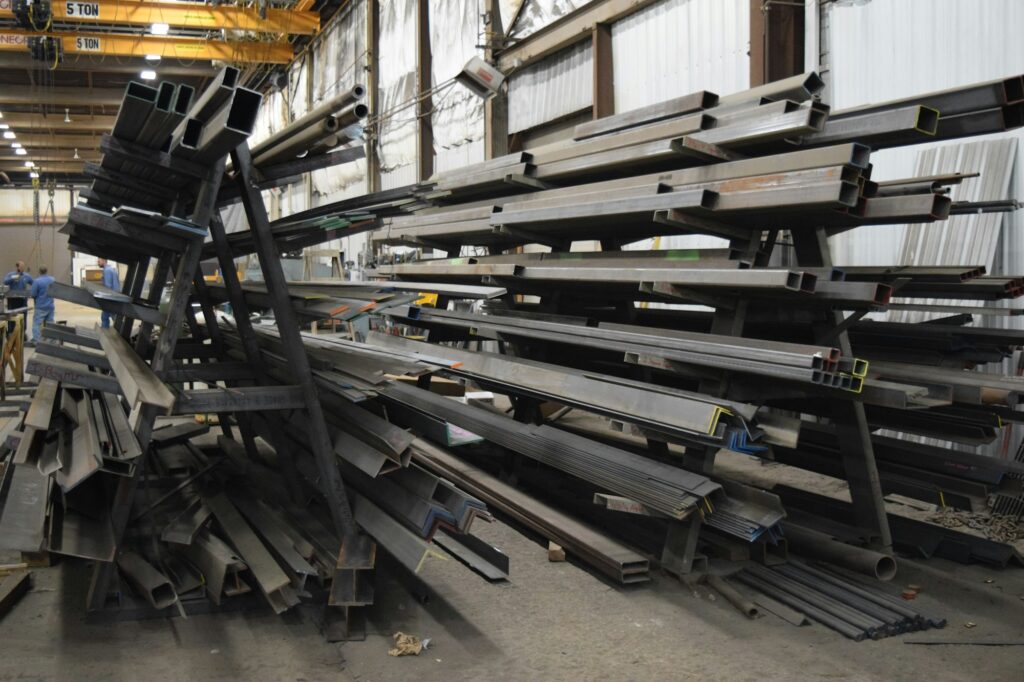 Steel sections stored in a warehouse
